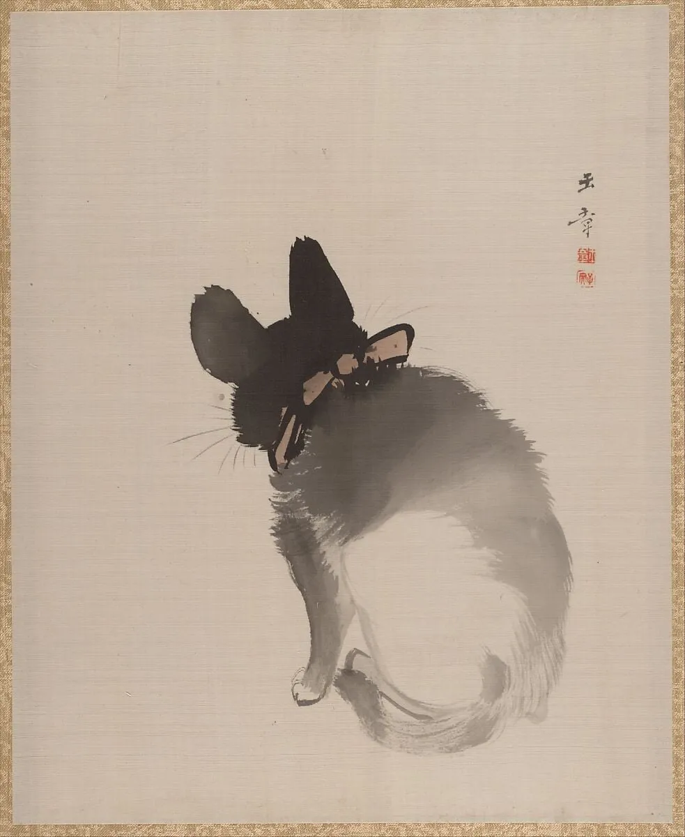 猫図|Cat Seen from Behind, by Kawabata Gyokushō, ink, 1890