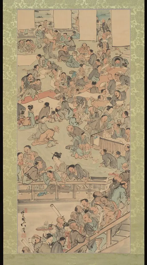 Painting and Calligraphy Gathering at the Nakamurarō in Ryōgoku 両国中村楼書画会之図 (Ryōgoku Nakamurarō shogakai no zu), by Kawanabe Kyōsai 河鍋暁斎