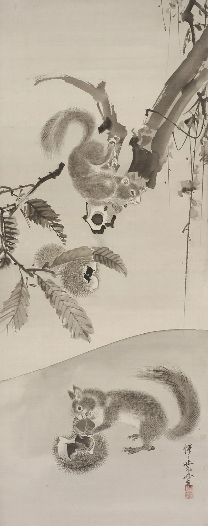 Squirrels Eating Chestnuts, by Kawanabe Kyōsai 河鍋暁斎, unspecified
