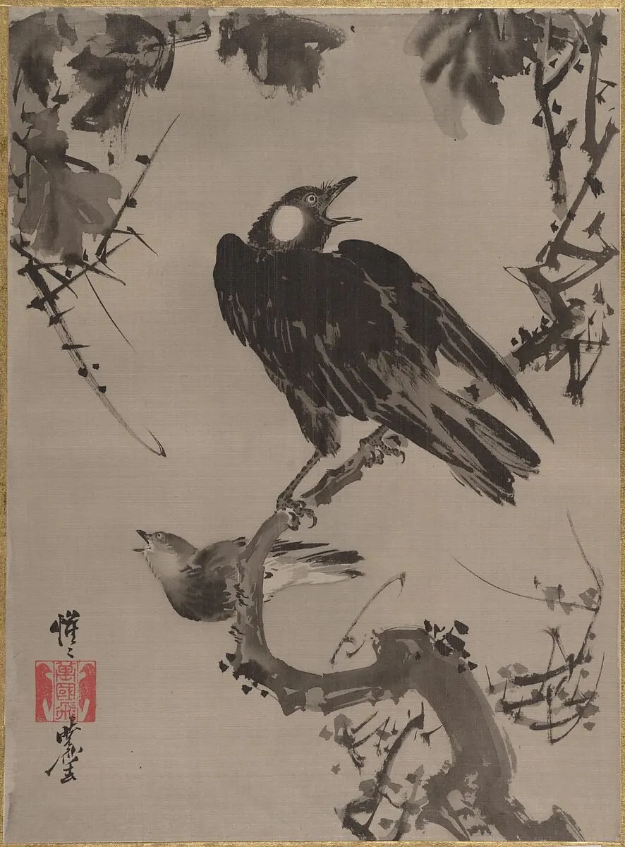 ムクドリ図|Starlings on a Branch, by Kawanabe Kyōsai 河鍋暁斎, ink, 1887