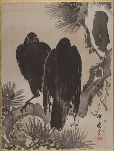 松に鴉図|Two Crows on a Pine Branch, by Kawanabe Kyōsai 河鍋暁斎