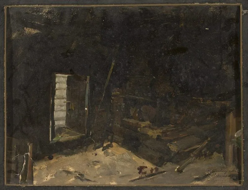 Interior of a peasant cottage, sketch, by Kazimierz Alchimowicz, oil, 1888