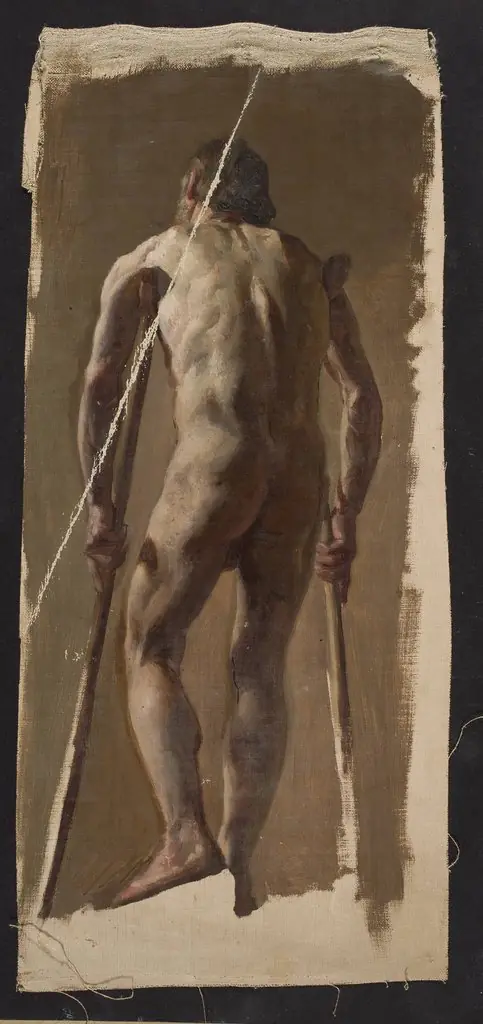 Nude of an old man leaning on crutches, back view, by Kazimierz Alchimowicz