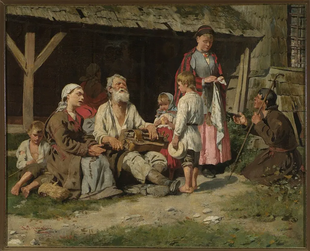 Genre scene – a hurdy-gurdy player in front of a cottage, by Kazimierz Pochwalski