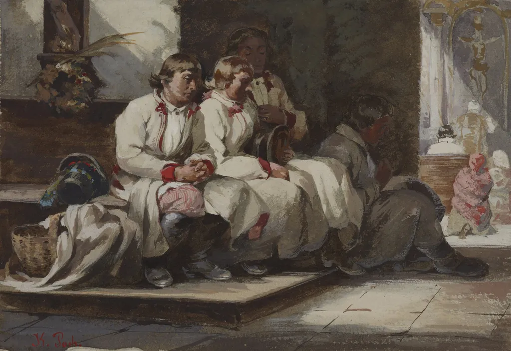 In the Church Porch, by Kazimierz Pochwalski, watercolor, 1905