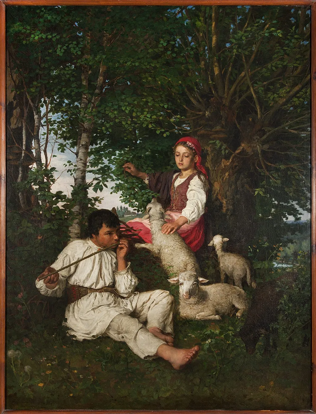 Pair of shepherds in the forest – Idyll, by Kazimierz Pochwalski, oil, 1890