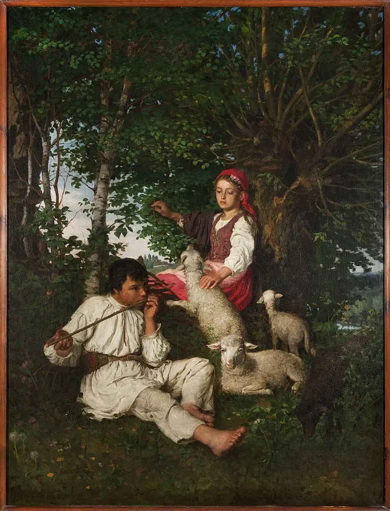 Pair of shepherds in the forest – Idyll, by Kazimierz Pochwalski