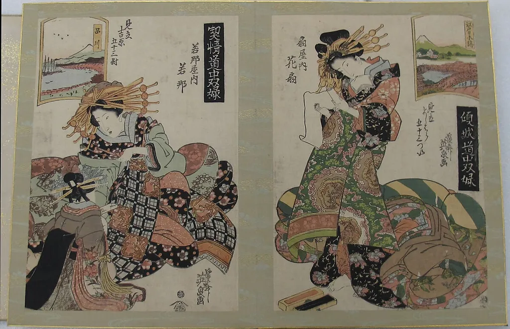 「傾城道中双六 見立よしはら五十三つい」|Album of prints from the series A Tōkaidō Board Game of Courtesans, Fifty-three Pairings in the Yoshiwara (Keisei dōchū sugoroku, Mitate Yoshiwara gojūsan tsui), by Keisai Eisen, ink, 1819