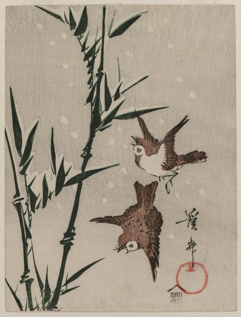 Sparrows, Bamboo and Falling Snow, by Keisai Eisen, 1824