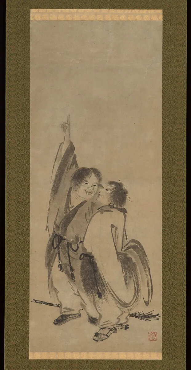 寒山拾得図 (Kanzan Jittoku zu)|Hanshan and Shide, by Kenkō Shōkei, ink, 1500