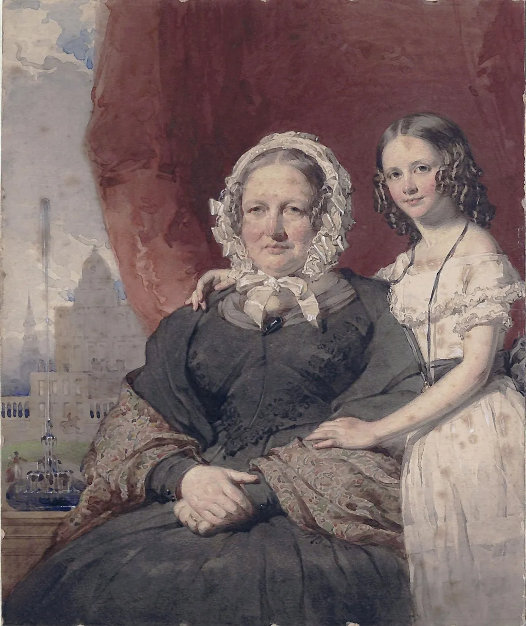 Mrs Wight of Larnaghe with her grand-daughter, Miss I. F. Rose, by Kenneth Macleay, watercolor, 1843