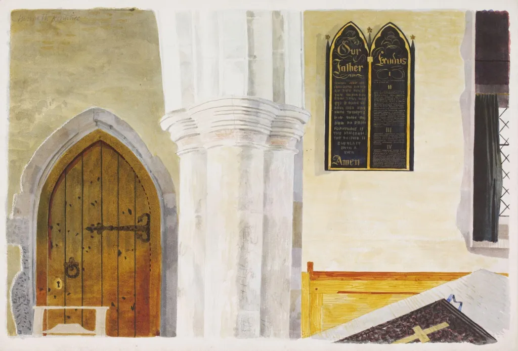 Interior of the Church of St. Mary the Virgin, Lindsell, by Kenneth Rowntree, watercolor, 1942