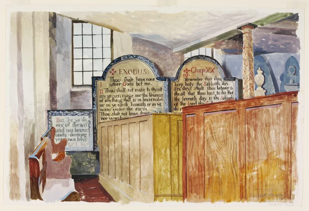 Pews in St Mary's Church, Whitby, by Kenneth Rowntree, watercolor, 1940