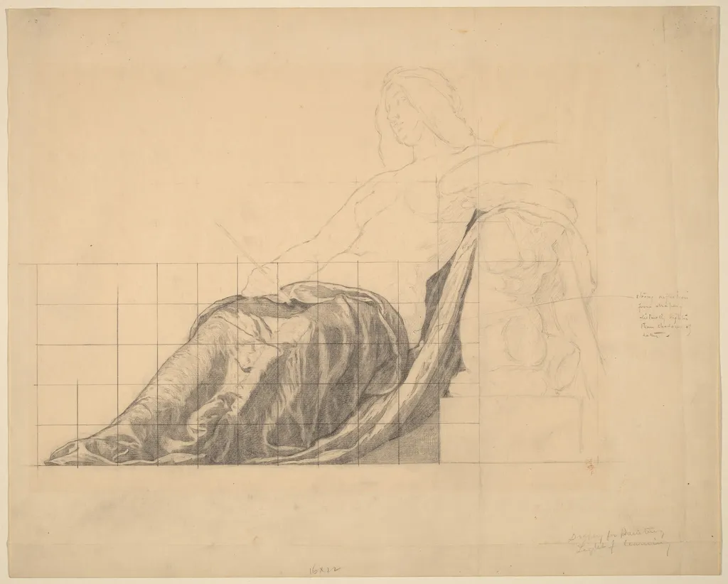 Drapery Study for Reclining Female Study for "Painting", by Kenyon Cox, graphite, 1888