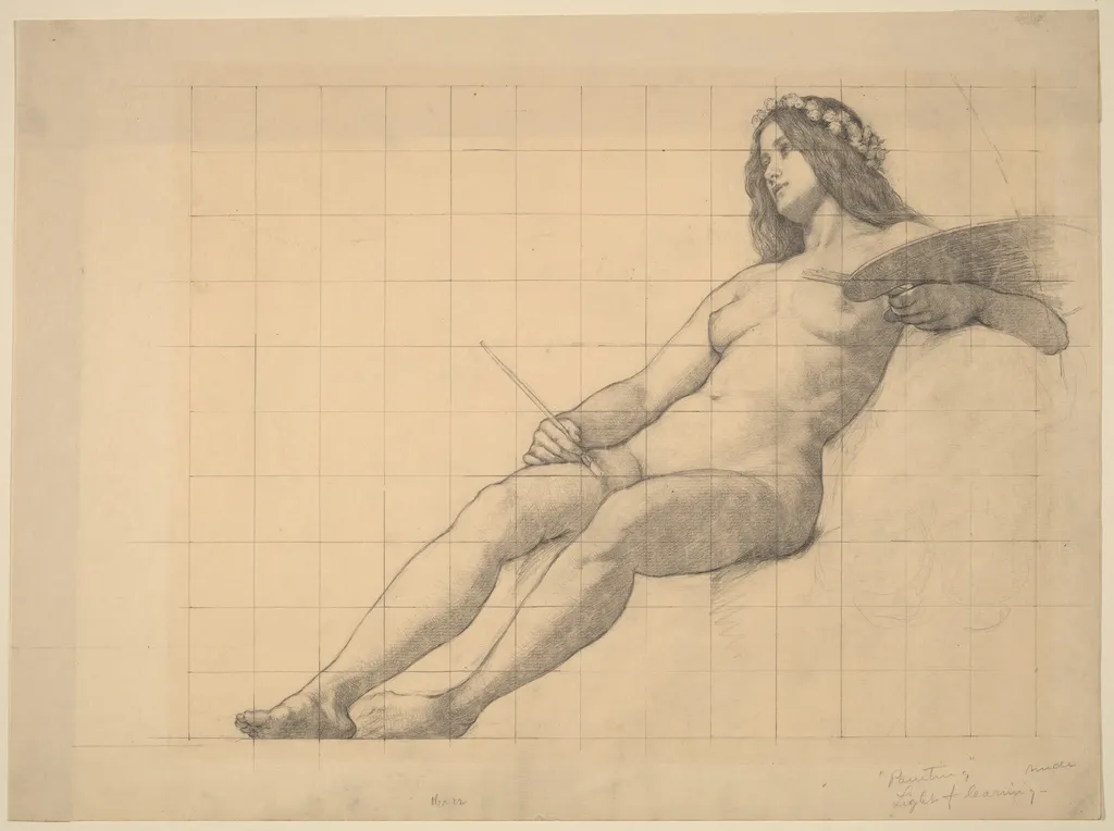 Reclining Female Nude Study for "Painting", by Kenyon Cox, graphite, 1888