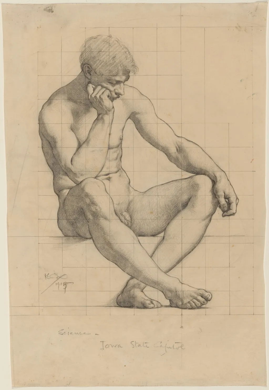 Seated Male Nude: Study for "Science" - Iowa State Capitol, by Kenyon Cox, graphite, 1905