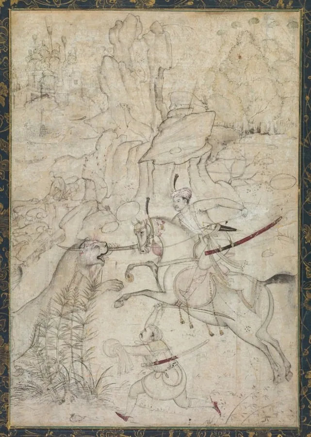 A Mounted Prince Hunting Lion in a Rocky Landscape, by Khem Karan, unspecified, 1600