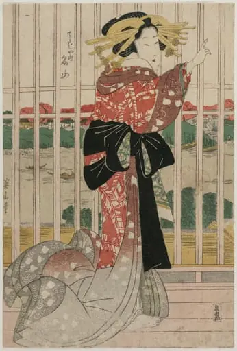 The Courtesan Meizan of the Chojiya on a Balcony Overlooking the Sumida River, by Kikukawa Eizan