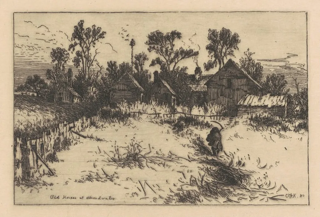Old Houses at Stroudwater, by Kimball, C. F., ink, 1880