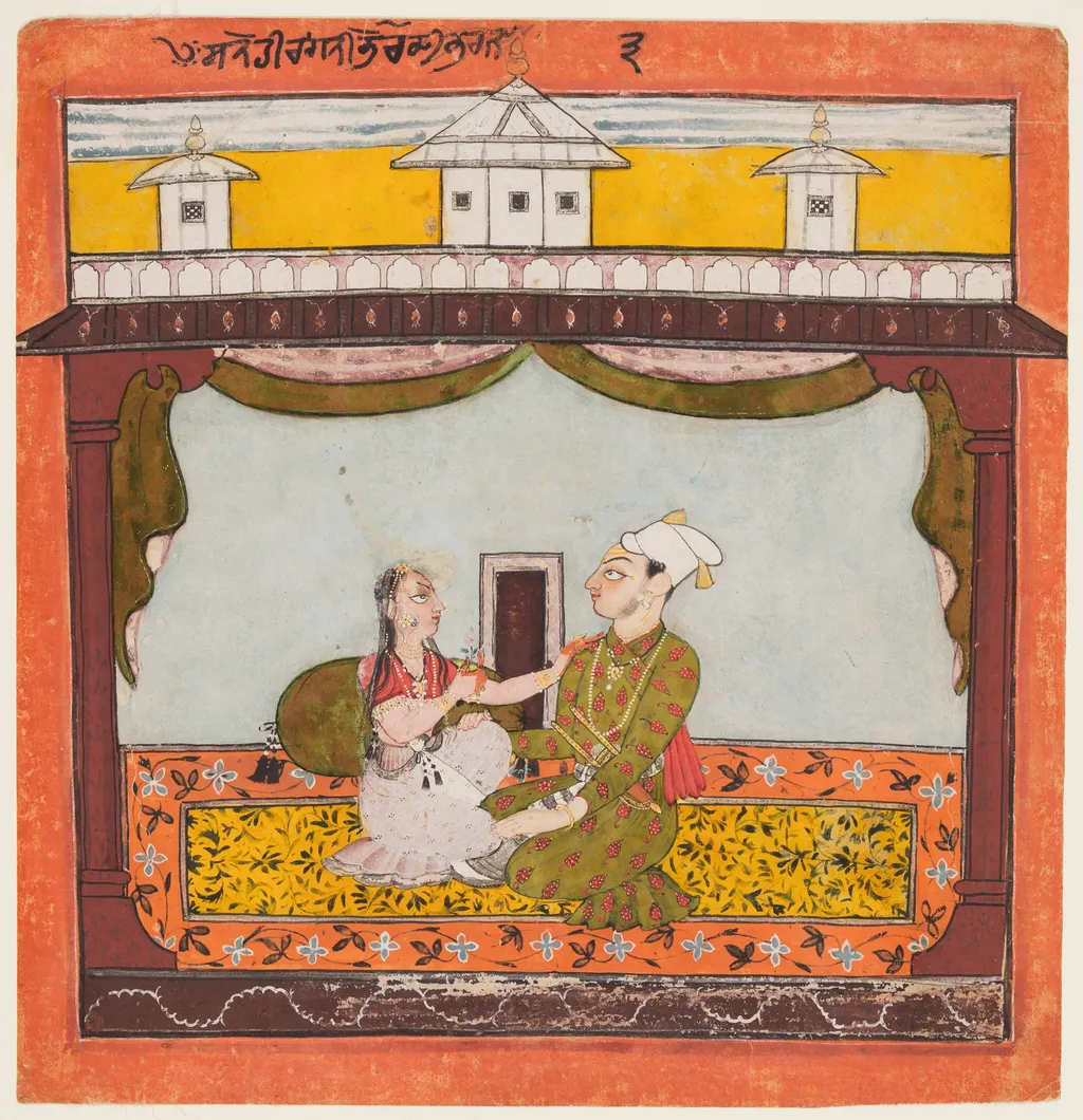 King and Queen in Zenana: Sandehi Ragini, Wife of Bhairava, from the “Second Basohli Ragamala", unspecified, 1696