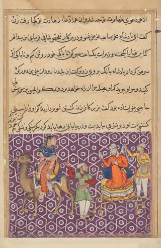 King Bahram, who has married Khassa’s daughter, has her tied to a camel to be abandoned in the desert as a result of false accusations made by Khulasa, from a Tuti-nama (Tales of a Parrot): Fifty-first Night