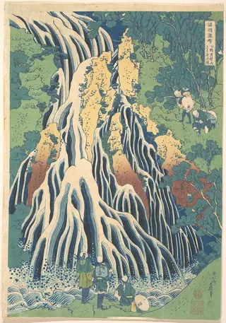 諸國瀧廻リ　下野黒髪山 きりふりの滝|Kirifuri Waterfall at Kurokami Mountain in Shimotsuke (Shimotsuke Kurokamiyama Kirifuri no taki), from the series A Tour of Waterfalls in Various Provinces (Shokoku taki meguri), by Katsushika Hokusai