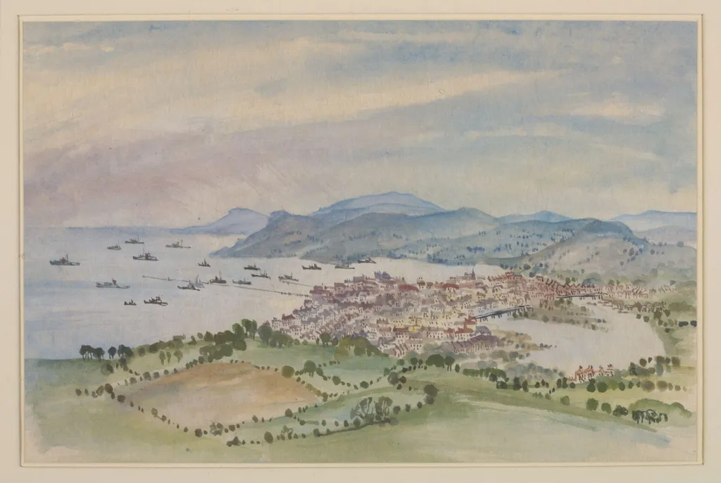 View over Weymouth towards Portland, Dorset, by Kirk, watercolor, 1940