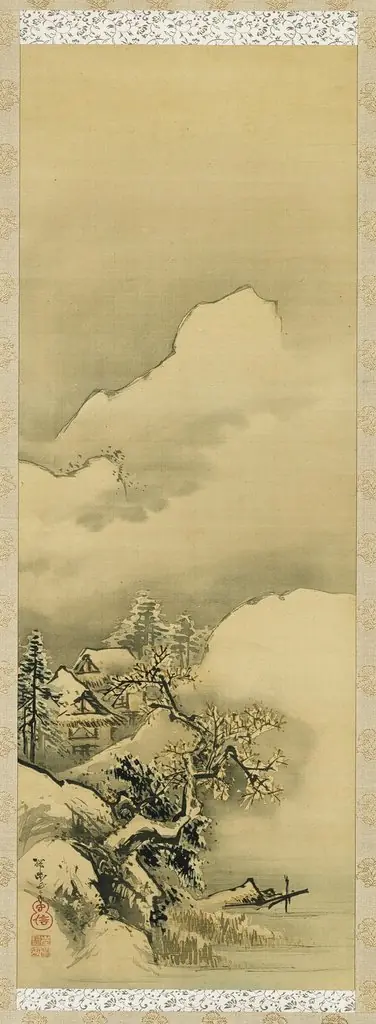 Houses and Trees beneath Snowy Mountains, by Kishi Ganku