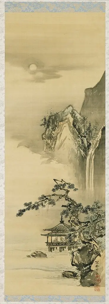 Lake Pavilion near a Waterfall, by Kishi Ganku