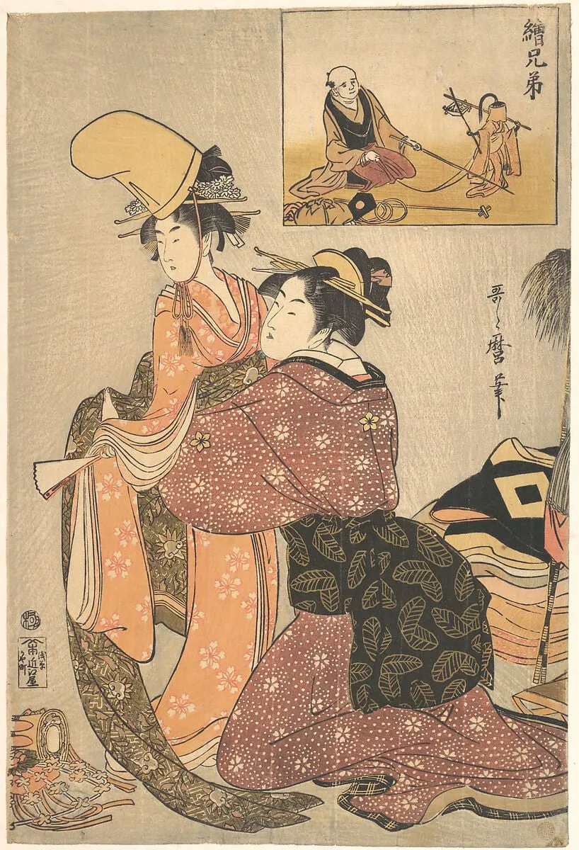 喜多川歌麿画 絵兄弟娘道成寺 見立猿廻し 「絵兄弟」|A Woman Dressing a Girl for a the Kabuki Dance “Musume Dojōji,” with “Brother Picture” (E-kyōdai) of a Monkey Trainer, by Kitagawa Utamaro, ink, 1796