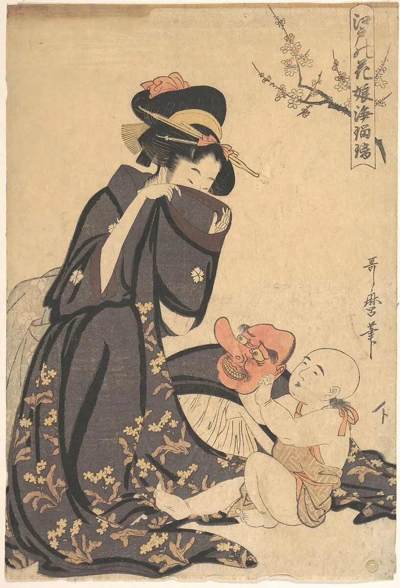 江戸の花 娘浄瑠璃|A Woman Playing with a Young Boy, by Kitagawa Utamaro, ink, 1804