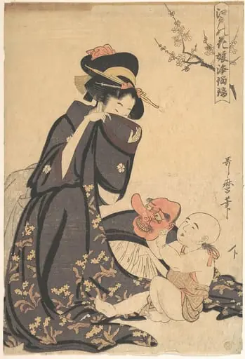 江戸の花　娘浄瑠璃|A Woman Playing with a Young Boy, by Kitagawa Utamaro