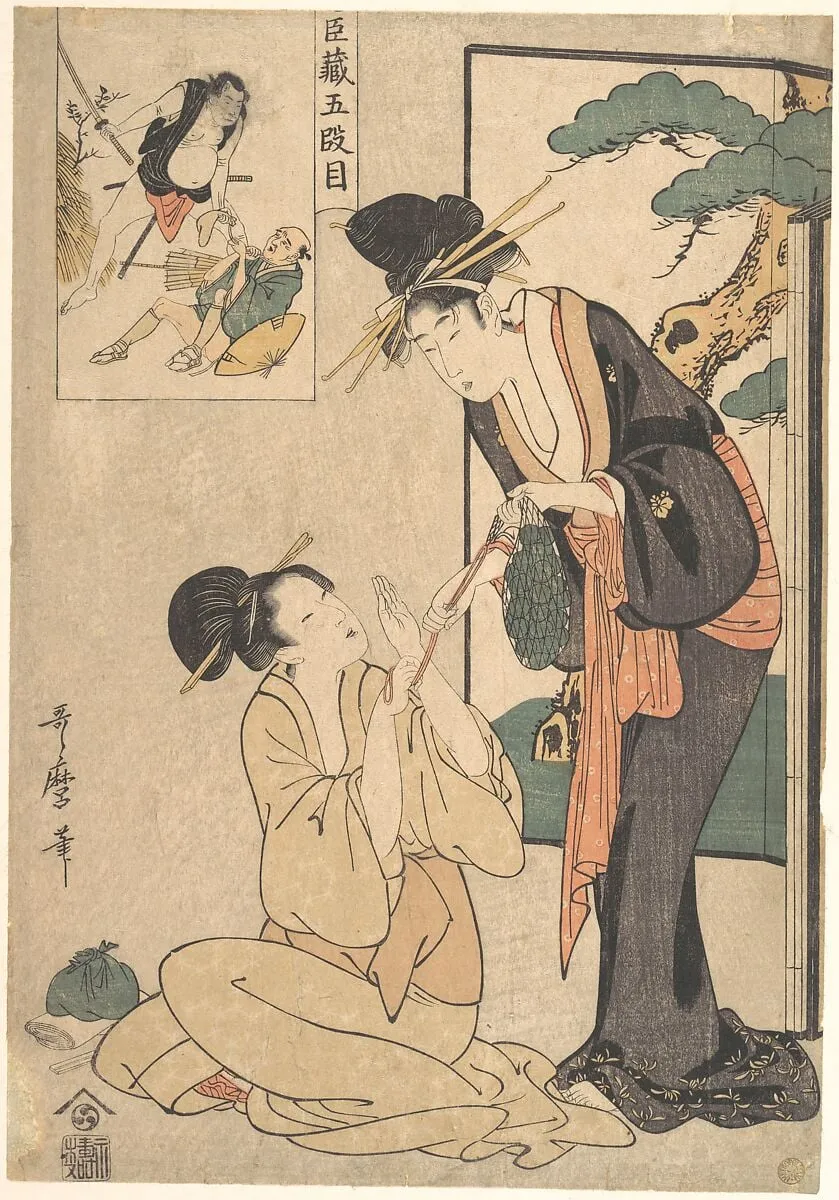忠臣蔵五段目|A Woman Snatching a Bag of Sweetmeats from Her MotHer, by Kitagawa Utamaro, ink, 1780