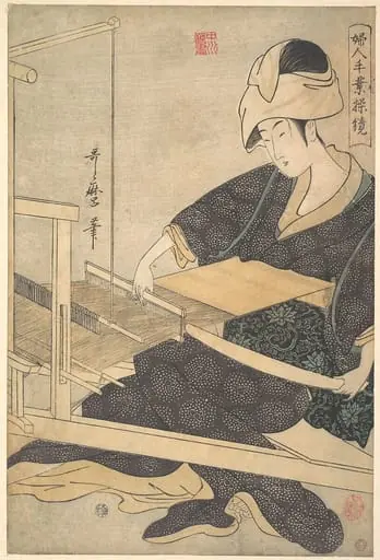 婦人手業操鏡|A Woman Weaving, Seated at a Hand Loom, by Kitagawa Utamaro