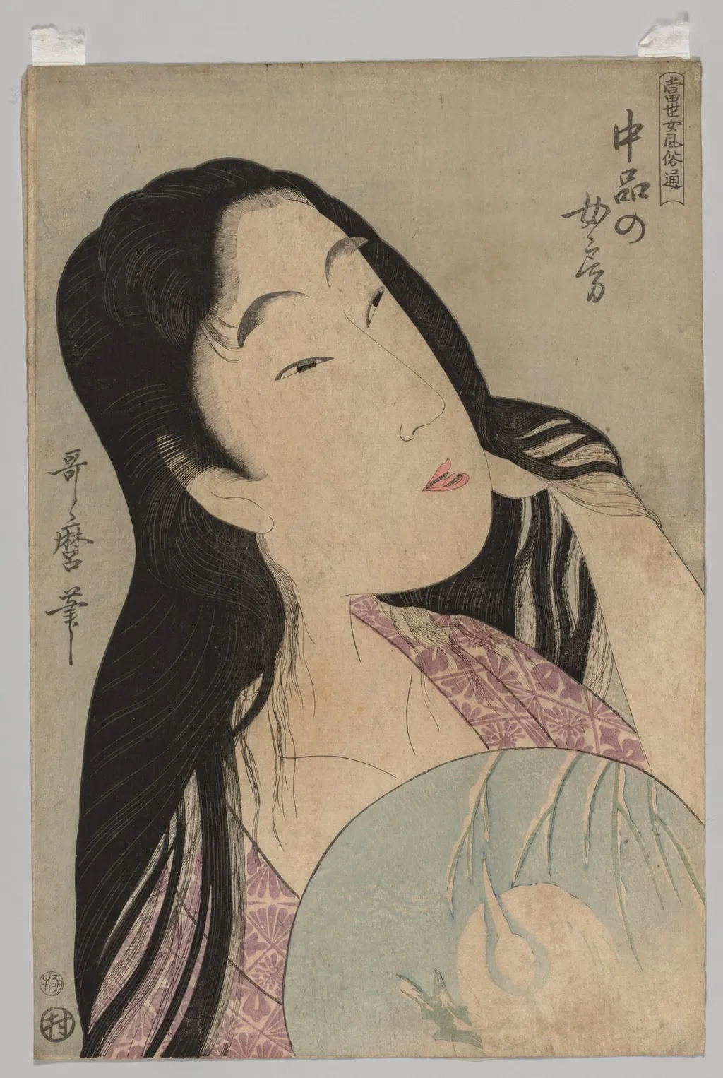 Bust of Woman with Loose Hair Holding Fan, by Kitagawa Utamaro, 1780