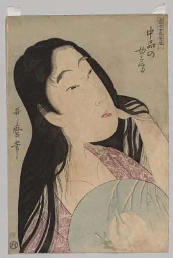 Bust of Woman with Loose Hair Holding Fan, by Kitagawa Utamaro