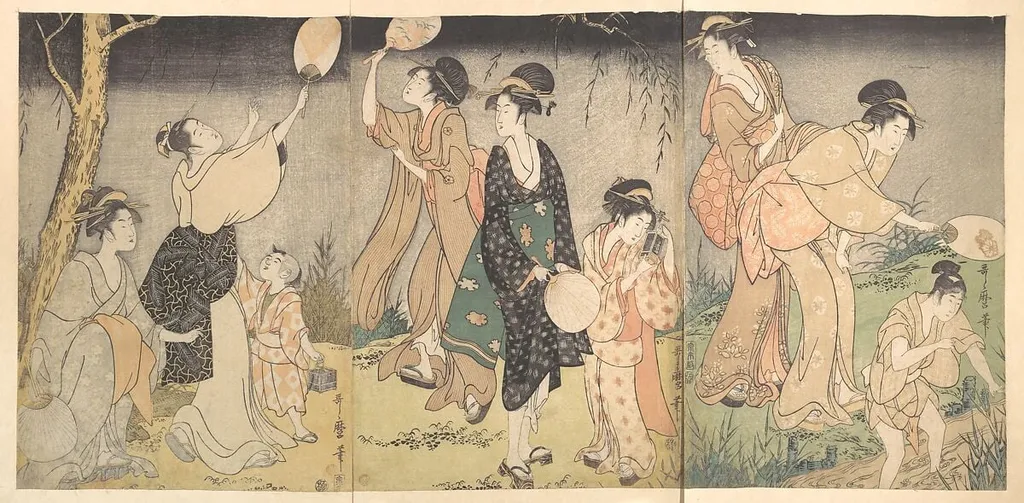 蛍狩|Catching fireflies (Hotaru gari), by Kitagawa Utamaro, ink, 1796