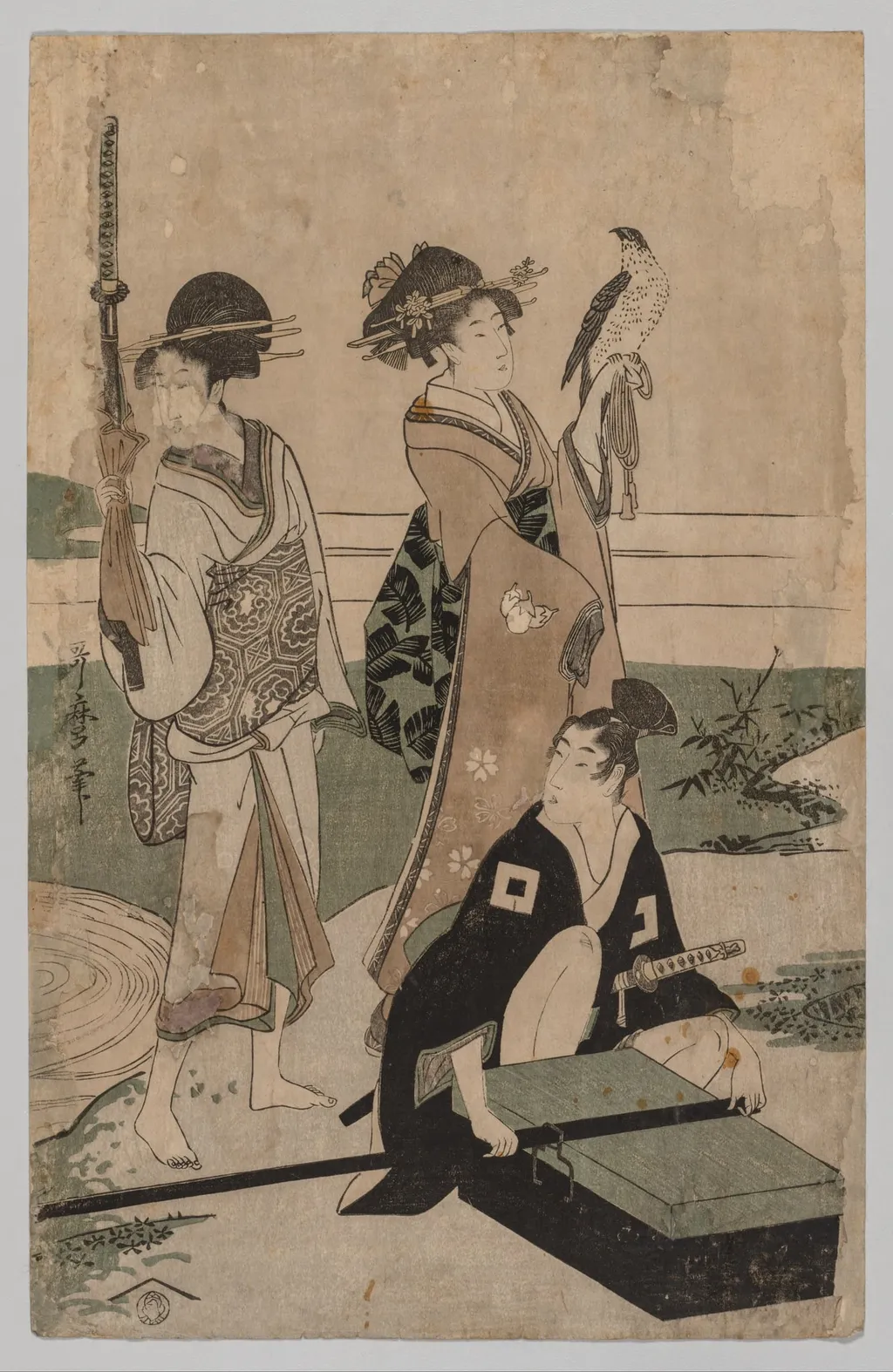 Daimyō and his Retinue Crossing a Stream in Plain Near Fuji, by Kitagawa Utamaro, 1780