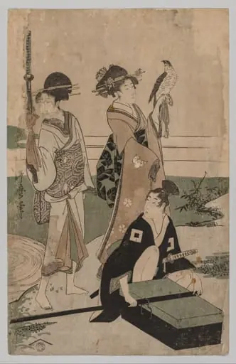 Daimyō and his Retinue Crossing a Stream in Plain Near Fuji, by Kitagawa Utamaro
