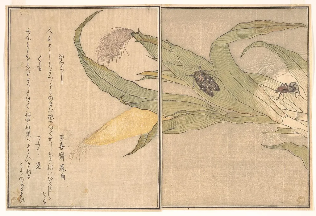 『画本虫撰』 「ひくらし」「くも」|Evening Cicada, Higurashi; Spider, Kumo, from the Picture Book of Crawling Creatures (Ehon mushi erami), by Kitagawa Utamaro, ink, 1788