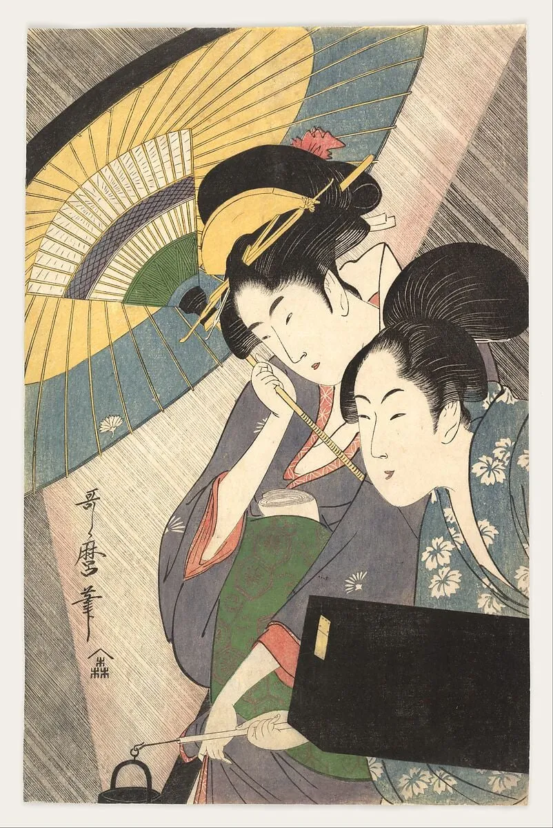喜多川歌麿画 夜の雨に芸者と三味線箱を持つ女|Geisha and Attendant on a Rainy Night, by Kitagawa Utamaro, ink, 1797