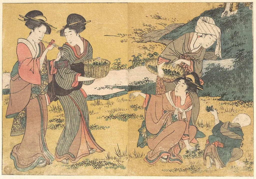 四季の花|Girls Picking Green Leaves, from the illustrated book Flowers of the Four Seasons, by Kitagawa Utamaro, ink, 1801