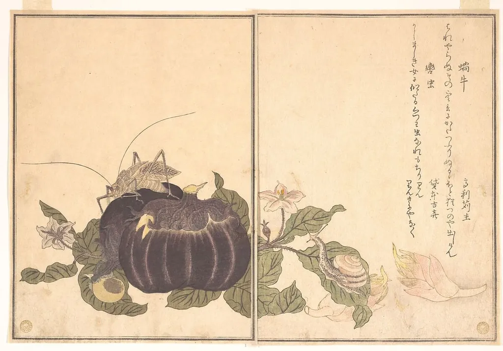 『画本虫撰』「蝸牛」「轡虫」|Land Snail (Katatsumuri); Giant Katydid (Kutsuwamushi), from the Picture Book of Crawling Creatures (Ehon mushi erami), by Kitagawa Utamaro, ink, 1788