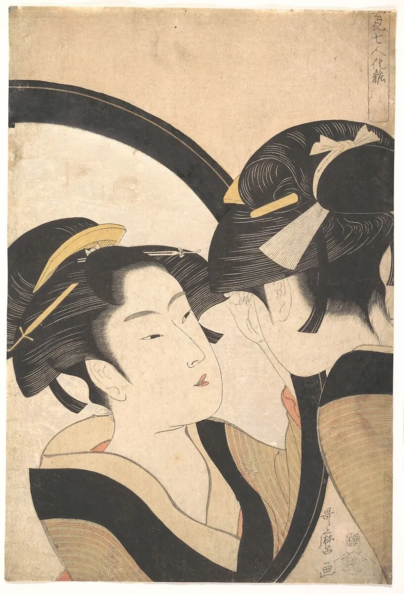 姿見七人化粧|Naniwa Okita Admiring Herself in a Mirror, by Kitagawa Utamaro, ink, 1792
