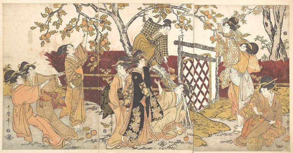 喜多川歌麿画 柿捥ぎ|Picking Persimmons (Kaki-mogi), by Kitagawa Utamaro, ink, 1803