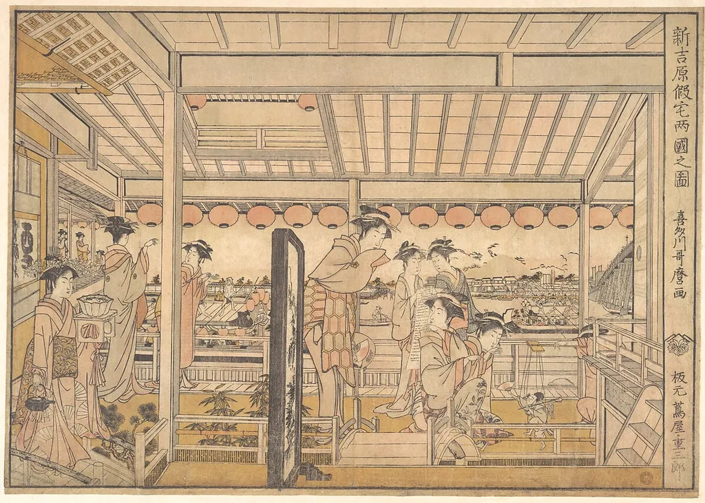 新吉原仮宅両国之図|Picture of the Temporary Lodgings of the New Yoshiwara Pleasure Quarter at Ryōgoku (Shin Yoshiwara Karitaku Ryogoku no zu), by Kitagawa Utamaro, ink, 1784