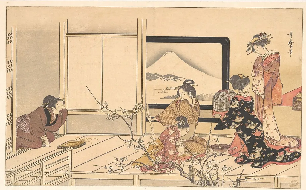 喜多川歌麿画 『男踏歌』 鶯の餌すり|“Preparing Food for the Warbler,” from the album Men’s Stamping Dance (Otoko dōka, uguisu no esa suri), by Kitagawa Utamaro, ink, 1798