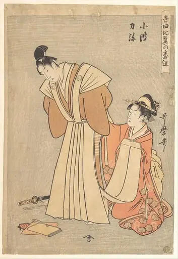 音曲比翼の番組 小波 力弥|Rikiya and Konami, from the series A Program with Music about Loving Couples (Ongyoku hiyoku no bangumi), by Kitagawa Utamaro