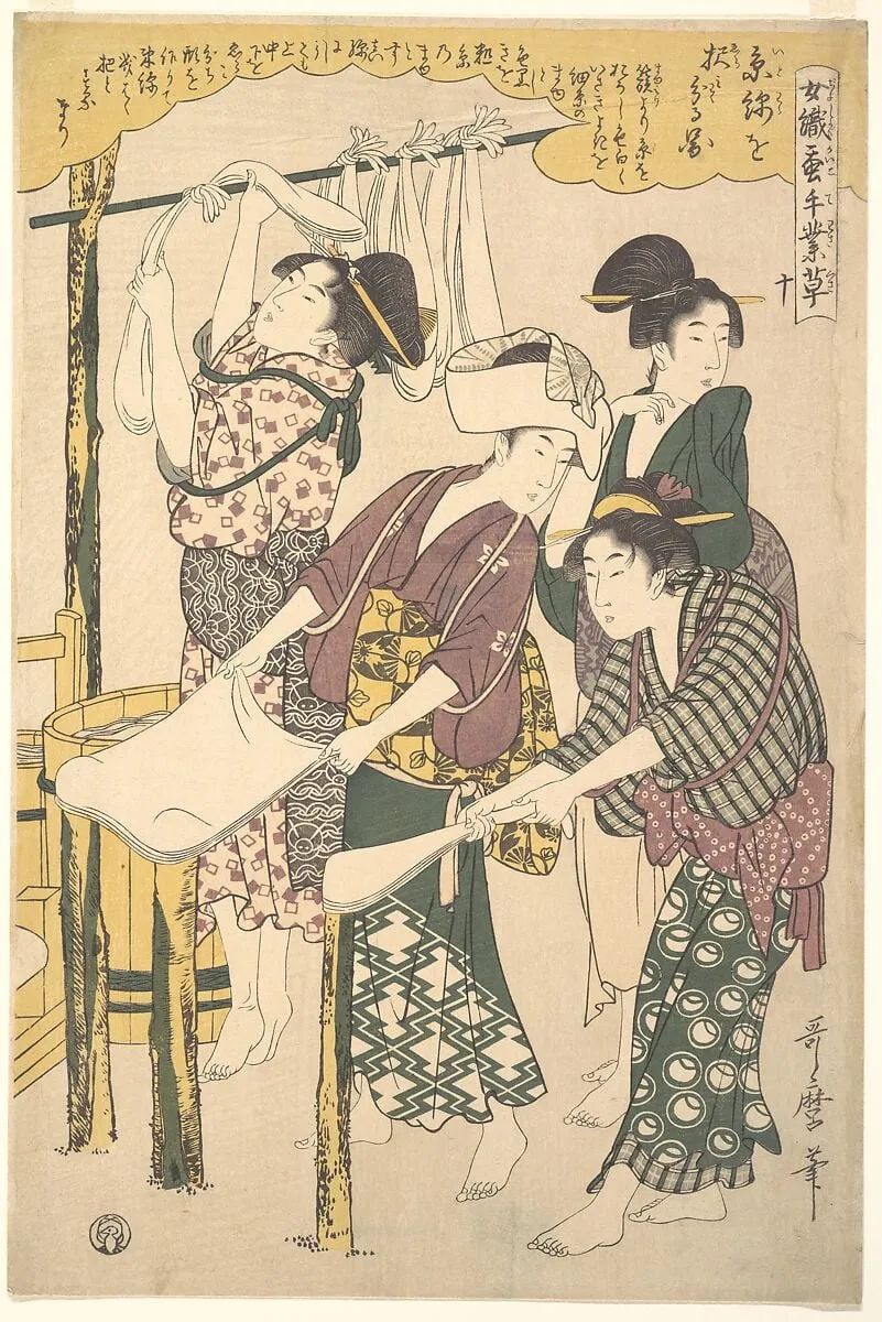女織蚕手業草 十|The Making of Silk Floss, by Kitagawa Utamaro, ink, 1790