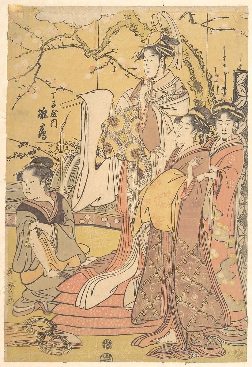 丁子屋内雛鶴|The Oiran Hinazuru of Chojiya Standing upon a Pile of Futon, by Kitagawa Utamaro, ink, 1794